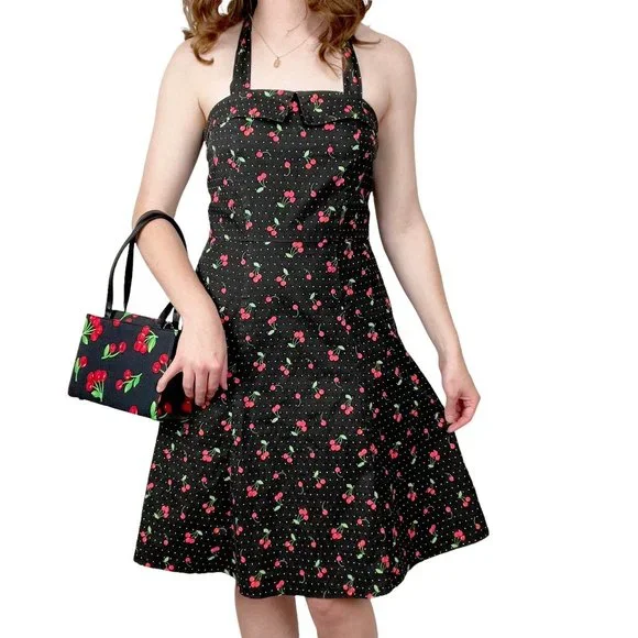 Vintage USA Pin-Up Novelty Cherry Print A-Line Fit & Flare Midi Fun Summer Dress - Picture 1 of 7